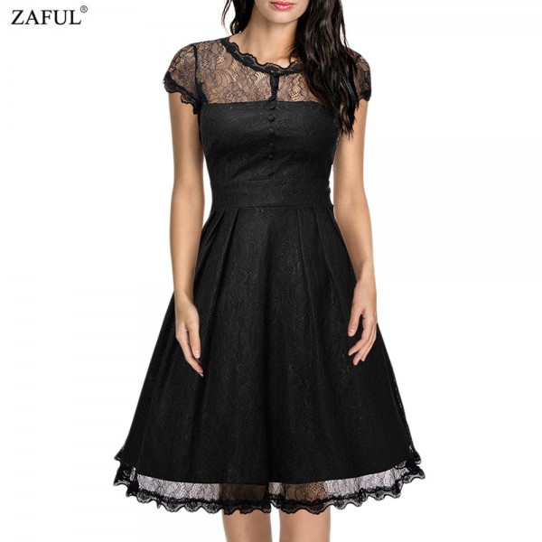 ZAFUL New Black Women Retro Dress Audery Vintage Elegant 1950S 60S Short Sleeve Big Hem Lace Party Dresses Feminino Vestidos