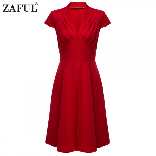 ZAFUL New Women Retro Dress Audery Hepbum Vintage Elegant 1950S 60S Short Sleeve Sexy V Neck Party Dresses Feminino Vestidos