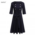 ZAFUL New Women Retro Dress Audery Vintage Elegant 1950S 60S half Sleeve Big Hem button Party Dresses Feminino Vestidos