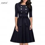 ZAFUL New Women Retro Dress Audery Vintage Elegant 1950S 60S half Sleeve Big Hem button Party Dresses Feminino Vestidos