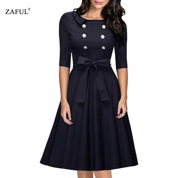 ZAFUL New Women Retro Dress Audery Vintage Elegant 1950S 60S half Sleeve Big Hem button Party Dresses Feminino Vestidos