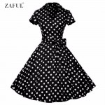 ZAFUL Plus Size S-4XL Women Retro Dress 50s 60s Vintage Rockabilly Swing feminino vestidos V neck short sleeves Dot print dress