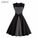 ZAFUL Plus Size S~4XL Sleeveless Black Dot Polka High Waist Button Vintage Dress Big Swing Rockabilly Retro Feminino Vestidos 