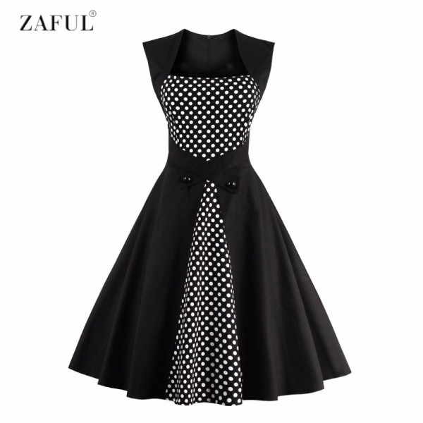 ZAFUL Plus Size S~4XL Sleeveless Black Dot Polka High Waist Button Vintage Dress Big Swing Rockabilly Retro Feminino Vestidos 