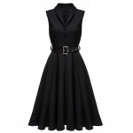 ZAFUL Plus Size Women Elegant Sleeveless Belts Dress Solid Color Turn down Collar Cotton Female Vintage A Line Feminino Vestidos