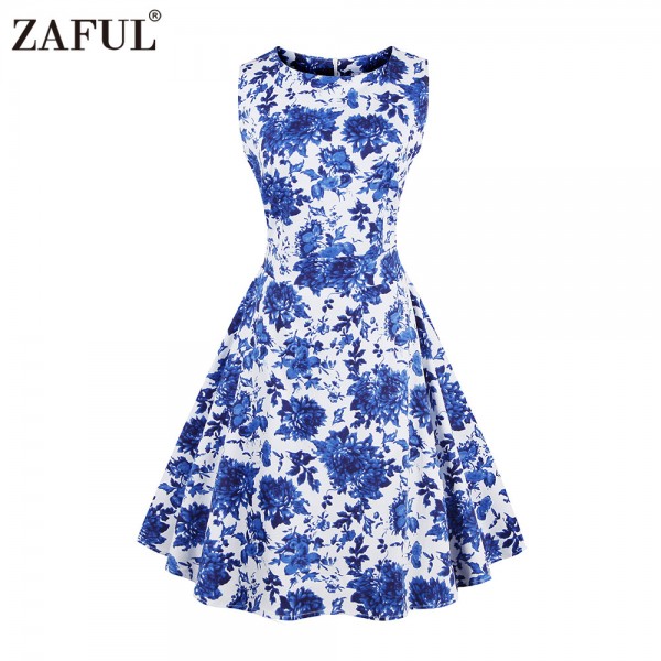 ZAFUL Plus size Women Vintage Dress Retro robe rockabilly summer Audrey Hepburn Sleeveless Print party dresses Female Vestidos