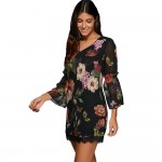 ZAFUL Sexy Women V Neck Black Floral Bohemian Dress 3/4 Sleeved thin Chiffon See-through Feminino Vestidos Casual Lace Hem Dress