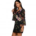 ZAFUL Sexy Women V Neck Black Floral Bohemian Dress 3/4 Sleeved thin Chiffon See-through Feminino Vestidos Casual Lace Hem Dress