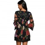 ZAFUL Sexy Women V Neck Black Floral Bohemian Dress 3/4 Sleeved thin Chiffon See-through Feminino Vestidos Casual Lace Hem Dress