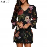 ZAFUL Sexy Women V Neck Black Floral Bohemian Dress 3/4 Sleeved thin Chiffon See-through Feminino Vestidos Casual Lace Hem Dress