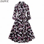 ZAFUL Spring Women Elegant Vintage Dress Belts Retro 50s Rockabilly Evening Party Floral Swing Dresses Cuff sleeves Vestidos