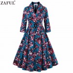 ZAFUL Spring Women Elegant Vintage Dress Belts Retro 50s Rockabilly Evening Party Floral Swing Dresses Cuff sleeves Vestidos