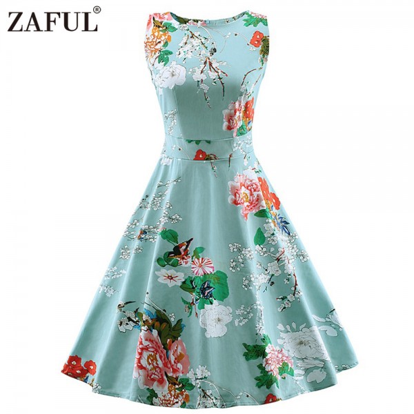 ZAFUL Vintage Women Dress feminino Robe Rockabilly clothing Audrey hepburn 50s retro Print blue Party Dresses plus size Vestidos