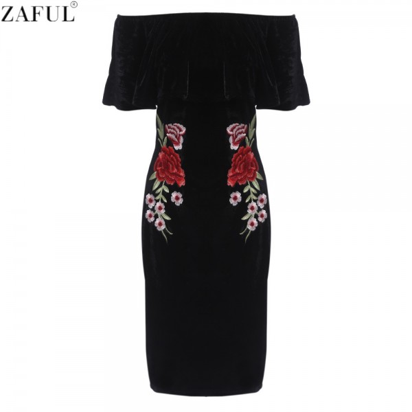 ZAFUL Woman Bodycon Dress Sexy Slash Neck Off Shoulder Black Velvet Floral Embroidery Slim Party Stretch Bandage High Waist Dres