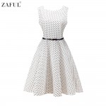 ZAFUL Women 50s Audrey Vintage dress Flower Floral Dot Print O Neck Sleeveless S~2XL Swing Feminino Vestidos Casual Belts Dress