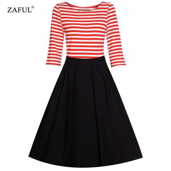 ZAFUL Women Cotton Plus Size S~4XL Vintage Rockabilly Dress 60s Stripe Ball Gown Swing Party Prom Cocktail Tea feminine vestidos