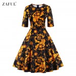 ZAFUL Women O Neck Half Sleeves A-line 50s 60s Audrey Vintage Dress Tropical Ethnic Floral Feminino Vestidos S~4XL Party dresses