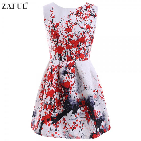 ZAFUL Women Plum Flower Vintage Dress O Neck Sleeveless A-Line Floral Feminino Vestidos S~XL Party Swing Rockabilly 50S Dresses