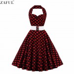 ZAFUL Women Plus Size S~4XL Vintage Swing Dress Stretchy Cotton Sleeveless Halter Belts Rockabilly Prom Party Feminino Vestidos