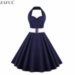 ZAFUL Women Plus Size S~4XL Vintage Swing Dress Stretchy Cotton Sleeveless Halter Belts Rockabilly Prom Party Feminino Vestidos