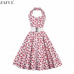 ZAFUL Women Plus Size S~4XL Vintage Swing Dress Stretchy Cotton Sleeveless Halter Belts Rockabilly Prom Party Feminino Vestidos