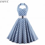 ZAFUL Women Plus Size S~4XL Vintage Swing Dress Stretchy Cotton Sleeveless Halter Belts Rockabilly Prom Party Feminino Vestidos