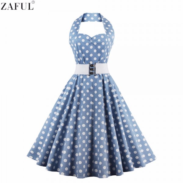 ZAFUL Women Plus Size S~4XL Vintage Swing Dress Stretchy Cotton Sleeveless Halter Belts Rockabilly Prom Party Feminino Vestidos