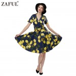 ZAFUL Women Plus Size Vintage Dress Lemon Dot Polka Print Retro 50s Swing Belts S~4XL Feminino Vestidos Short Sleeves PartyDress