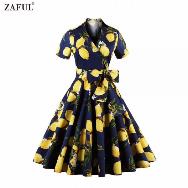 ZAFUL Women Plus Size Vintage Dress Lemon Dot Polka Print Retro 50s Swing Belts S~4XL Feminino Vestidos Short Sleeves PartyDress