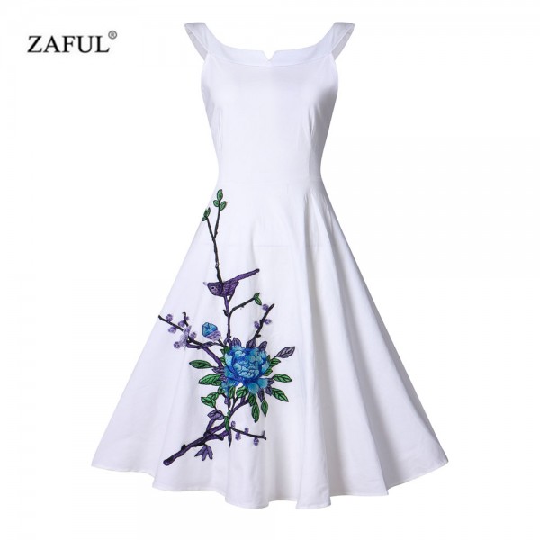 ZAFUL Women Summer Cotton Embroidery Vintage Dress Elegant Retro Audrey White Dress Plus Size 4XL Party Swing Feminino Vestidos 