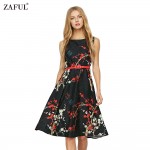 ZAFUL Women Summer O Neck Sleeveless Vintage Dress Floral Print Chinese Style Belts Cotton Retro Dress Party Feminino Vestidos