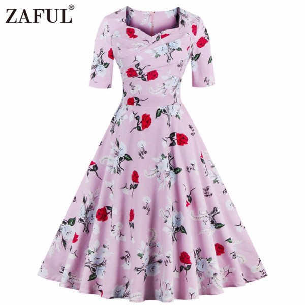 ZAFUL Women plus size clothing Audrey hepburn 50s Vintage Flower Print robe pink feminino Ball Gown Party Retro Dress Vestidos