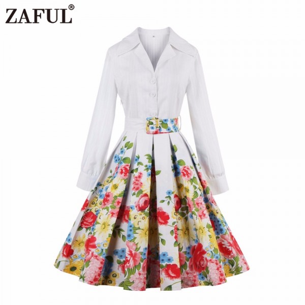 ZAFUL vintage dress white floral print party dresses style 1950s retro dresses vestido de festa luxury rockabilly dress 2018