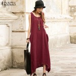 ZANZEA 2017 Summer Boho Women Casual Loose Sleeveless Long Dress Vintage Pockets Irregular Maxi Dresses Plus Size Vestidos