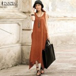 ZANZEA 2017 Summer Boho Women Casual Loose Sleeveless Long Dress Vintage Pockets Irregular Maxi Dresses Plus Size Vestidos