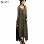 ZANZEA 2017 Summer Boho Women Casual Loose Sleeveless Long Dress Vintage Pockets Irregular Maxi Dresses Plus Size Vestidos