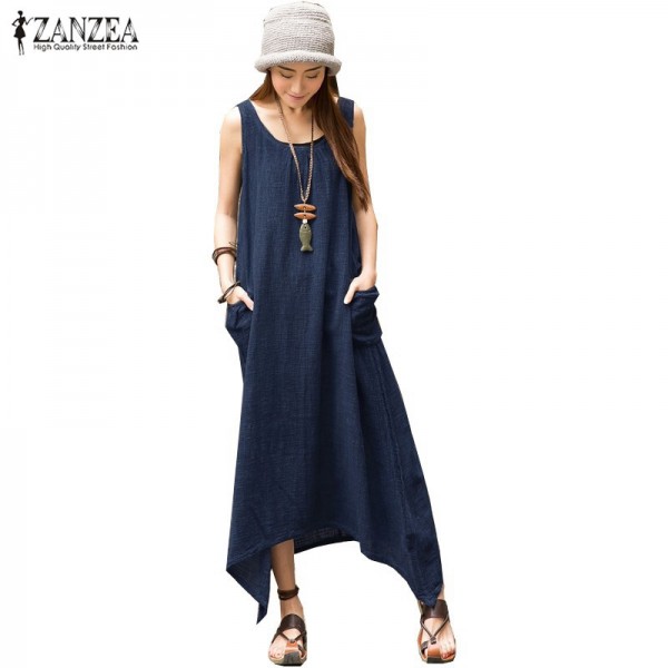 ZANZEA 2017 Summer Boho Women Casual Loose Sleeveless Long Dress Vintage Pockets Irregular Maxi Dresses Plus Size Vestidos