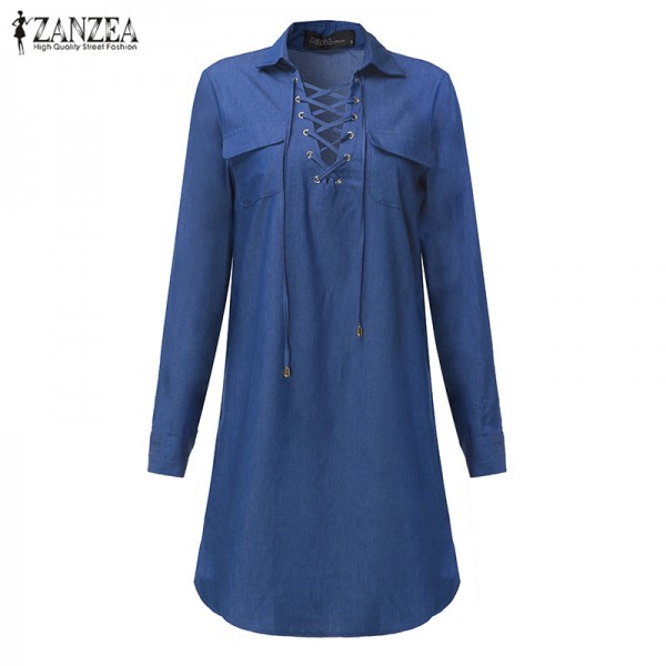 ZANZEA 2018 New Women Long Sleeve Turn Down Collar Bandage Denim Dresses Sexy Ladies Hollow Out Straight Femininas Vestidos