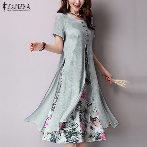 ZANZEA Elegant Dress 2017 Women Vintage O Neck Short Sleeve Two Layers High Split Floral Print Casual Loose Maxi Long Vestidos