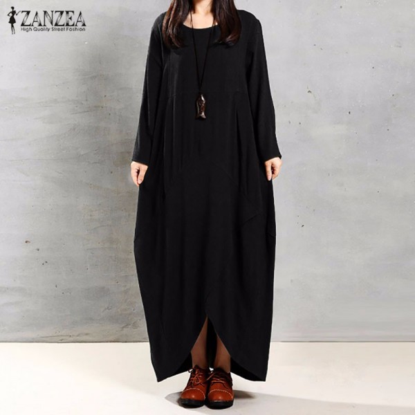 ZANZEA New 2017 Autumn Fashion Womens Cotton Dress Long Sleeve Asymmetrical Dresses Vintage Maxi Vestidos Plus Size S-5XL