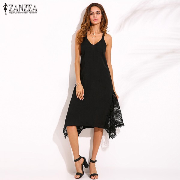 ZANZEA Newest Womem Sexy Halter V Neck Sleeveless Dress Spaghetti Strap Zipper Lace Hem Solid Loose Beach Long Feminina Vestidos