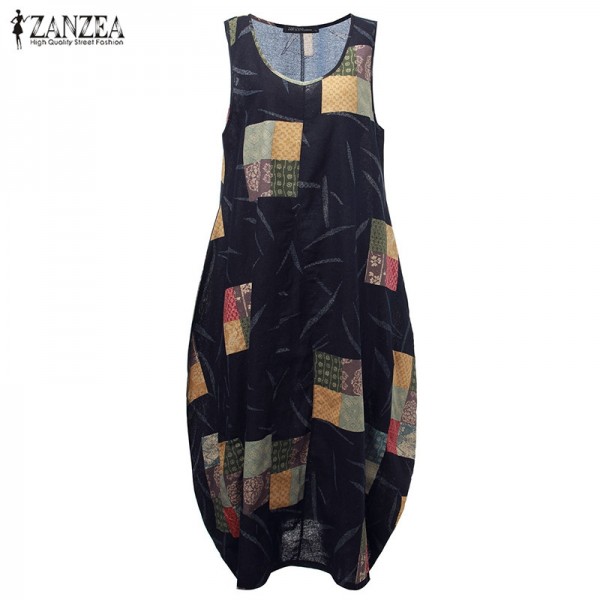 ZANZEA Vestidos 2018 Summer Women Retro Printed Long Maxi Sleeveless Dresses Loose O Neck Vest Baggy Kaftan Dress Plus Size