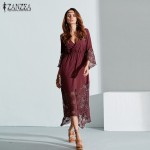 ZANZEA Women Lace Dress 2017 Sexy Deep V Neck Lace Patchwork Maxi Long Dress Loose Flare Sleeve Vestidos Plus Size Beach Dresses