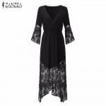 ZANZEA Women Lace Dress 2017 Sexy Deep V Neck Lace Patchwork Maxi Long Dress Loose Flare Sleeve Vestidos Plus Size Beach Dresses