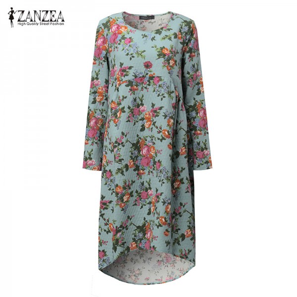 ZANZEA Women Midi Dress 2018 Ladies Round Collar Long Sleeve Pockets Asymmetrical Hem Casual Loose Vintage Floral Print Vestidos