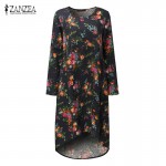 ZANZEA Women Midi Dress 2018 Ladies Round Collar Long Sleeve Pockets Asymmetrical Hem Casual Loose Vintage Floral Print Vestidos