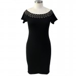 ZKESS Women Dress Short Black Studded Diamonds Sexy Skinny Short Sleeve Elegant Pencil Slim Midi Party Bodycon Dresses LC61188