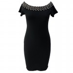 ZKESS Women Dress Short Black Studded Diamonds Sexy Skinny Short Sleeve Elegant Pencil Slim Midi Party Bodycon Dresses LC61188