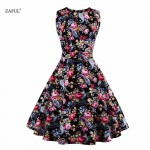 Zaful Plus Size Vintage Women Summer Dress Noble 1950s 60s  O-Neck Sleeveless Cotton Flower Print Formal Dress Vestidos