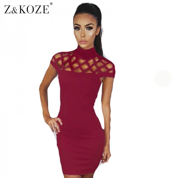 Z&KOZE New Summer black red high neck evening party dress sexy short sleeve hollow out top women bodycon bandage dresses